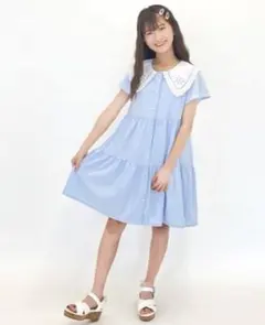 メゾピアノジュニア　美品　140 ワンピース　カットワーク衿ティアード　水色　S