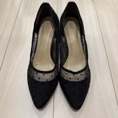 黒 ドット柄 メッシュ ポインテッドトゥパンプス