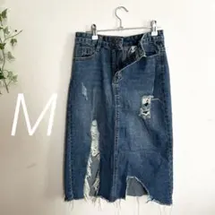 スカート　デニム　レディース　M ブルー　青　膝下　デニムスカート　ジーンズ