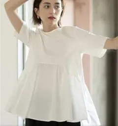 オペークドットクリップ シルク調コットン 異素材Aラインカットソー【洗える】