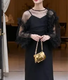 チュールフリルロングスリーブ&サテンキャミワンピースセット　ブラック