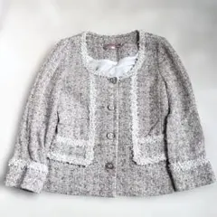 レベッカテイラー　日本製　ツイード　ノーカラージャケット　ベージュ　2