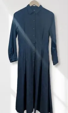 【美品】ユニクロ ソフトフランネルフレアワンピース（長袖）ネイビー Sサイズ