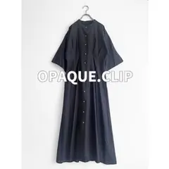 オペークドットクリップ麻混バンドカラーシャツワンピースゆったり体型カバー