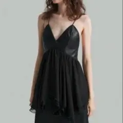 黒のキャミソールワンピース　レザー　チュール　ビスチェ