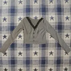 y2k韓国ガーリーグレー Vネック クロップド長袖トップス