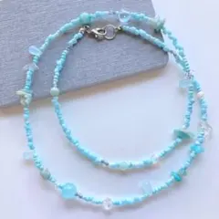 70cm　サマー水色　ビンテージビーズなど　ハンドメイド　ビーズネックレス