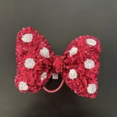 ディズニー　ミニー　レッド　 ヘアゴム　赤と白のドットリボン　スパンコール