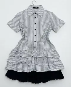 アルゴンキン シャツワンピース ストライプ リボン フリル シフォン裾