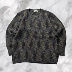 Vintage マルチカラー総柄ニット幾何学模様ウール混紡モードカジュアル古着