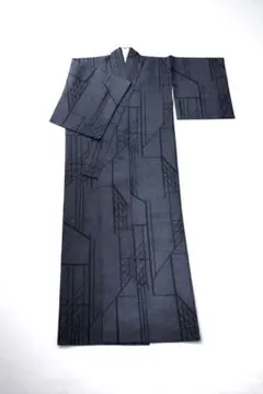 幾何学模様 ダークブルー 小紋 Lサイズ　洗える着物　ポリエステル