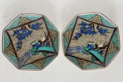 九谷焼　晃山作　中皿揃　2枚セット　八角皿　和皿　花鳥図　色絵