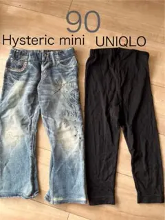 90 ヒスミニ　プリントデニム　ユニクロ　ヒートテック　レギンス　黒　インナー