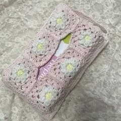 花モチーフ ティッシュケース　ティッシュカバー　ハンドメイド　コットン糸　ピンク