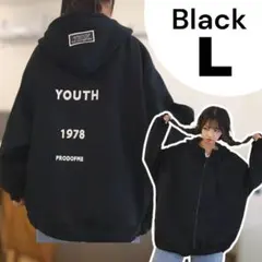 L 黒 BIgパーカー 裏起毛 オーバーサイズ パーカー 体型カバー 韓国260のサムネイル
