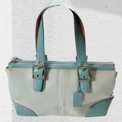 希少色✨コーチ　ミニボストンバッグ　ライトブルー　肩掛け可　内側シグネチャー