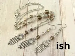 【C113】ish太陽・月星チャーム・煙水晶・グレーアゲートネックレス＆ピアス