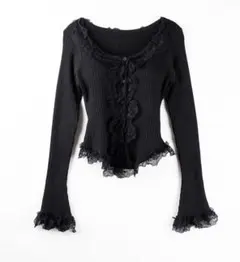 me+em select レースフリルドッキングリブニットカーディガン ブラック