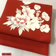 名古屋帯 正絹 赤地 牡丹文 手描き 友禅 花文 お太鼓柄 上品 フォーマル