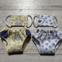 メルちゃんハンドメイドパンツ＆マスクset いちご花柄.ハート柄(ブルー)のサムネイル