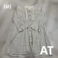 中美品✨AT ワンピース ギンガムチェック 長袖ベージュ【M】自然　シンプル　楽のサムネイル