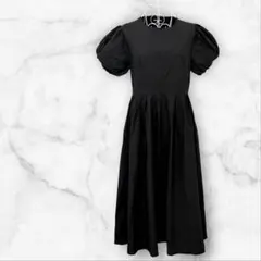 ワンピース ロング丈 パフスリーブ 黒 半袖 フレアスカート 上品