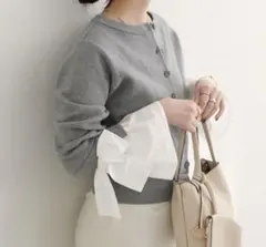 natural couture 袖口リボンクルーネックカーデ グレー FREEのサムネイル