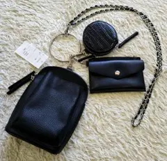 新品 しまむら◆3連 マルチリングショルダー チェーン クロコ 財布 ブラック