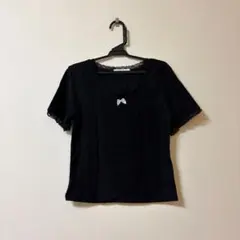 レース 半袖カットソー ブラック リボン