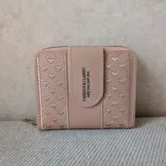 ​【未使用】二つ折り財布 ハート刺繍 キルティング ピンクベージュ ミニ財布