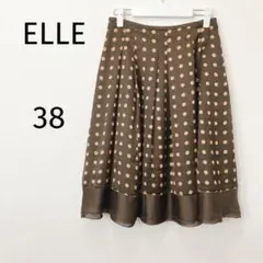 ELLE エル　プリーツスカート　ひざ丈　フレアスカート　ブラウン　ドット柄