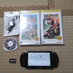 良品★psp本体★黒★純正バッテリー、ゲーム３つ、メモリー、新品充電器付き