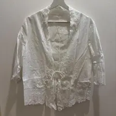 シャツ 羽織 刺繍入り 七分袖 ホワイト L
