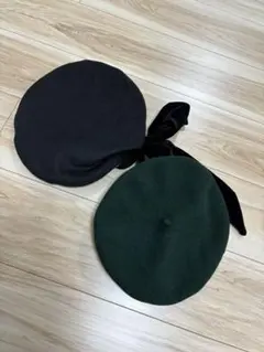ベレー帽 ベロア リボン ブラック グリーン 2個セット