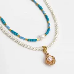 ターコイズビーズ×パール 二連ネックレス シェルチャーム付きハンドメイド