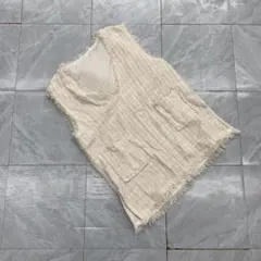 ベスト ツイード風 フリンジ ポケット付き 裏地あり アイボリー ワンサイズ