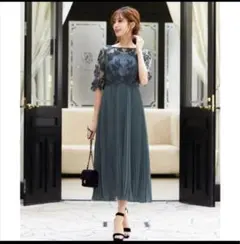 ガール GIRL 刺繍レース切替え5分袖 プリーツ ロング 結婚式 ワンピース