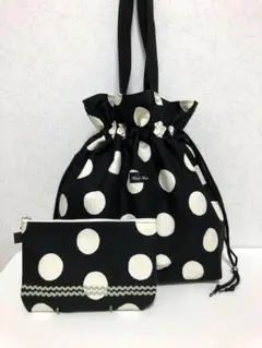 ツーウェイ　巾着トートバッグ＆フラットファスナーポーチ　ハンドメイド　水玉