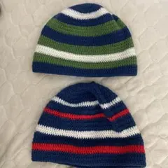 手作りニット帽2点セット緑/白/紺&赤/白/紺