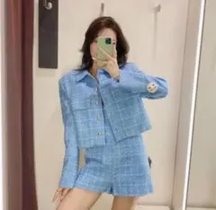 ZARA　ツイード　ロンパース　水色　未使用