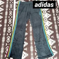 アディダス ベロア トラックパンツ マルチカラー ライン ジャージ 黒 O