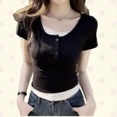 SHEIN レイヤード風 リブTシャツ ブラック 半袖　無地 ボタンのサムネイル