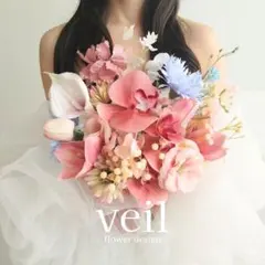 ウェディングブーケ　造花　結婚式　前撮り　胡蝶蘭　青　ピンク　水色　チューリップ