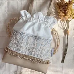 no.139 インド刺繍リボン 巾着ショルダーバッグ ポシェット 巾着バッグ 