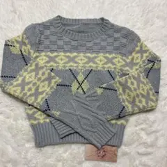 Clearクロップド丈 グレー×黄色 アーガイル柄 ニットセーターFサイズ新品
