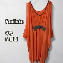 N1099　シフォンチュニックワンピース　ビジュー装飾　ドレープ　オレンジ　9号