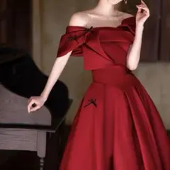 バイカラーのリボンが可愛い オフショル イブニングドレス