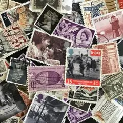 海外ヴィンテージ使用済み切手（モノクローム、パープル系）ランダム50枚