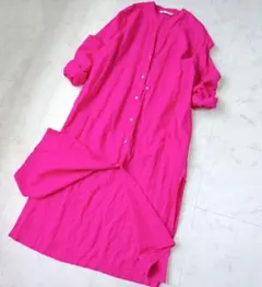 ZARA 2wayリネンコットンブレンドノーカラーシャツワンピース(L)ピンク