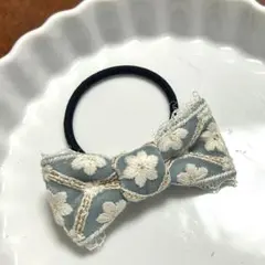 【58】インド刺繍 レース リボン　ヘアゴム　ブルーグリーン